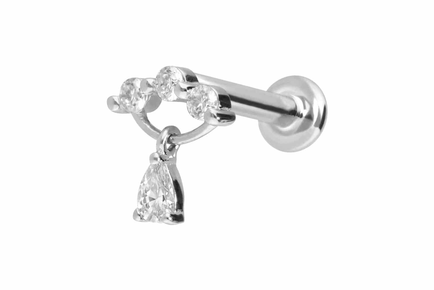 14 Karat Gold Labret Piercing mit Innengewinde MOISSANIT-BOGEN + MOISSANIT-TROPFEN